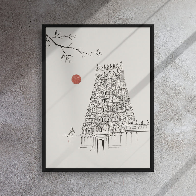 Framed artwork of a temple illustration on a textured wall.