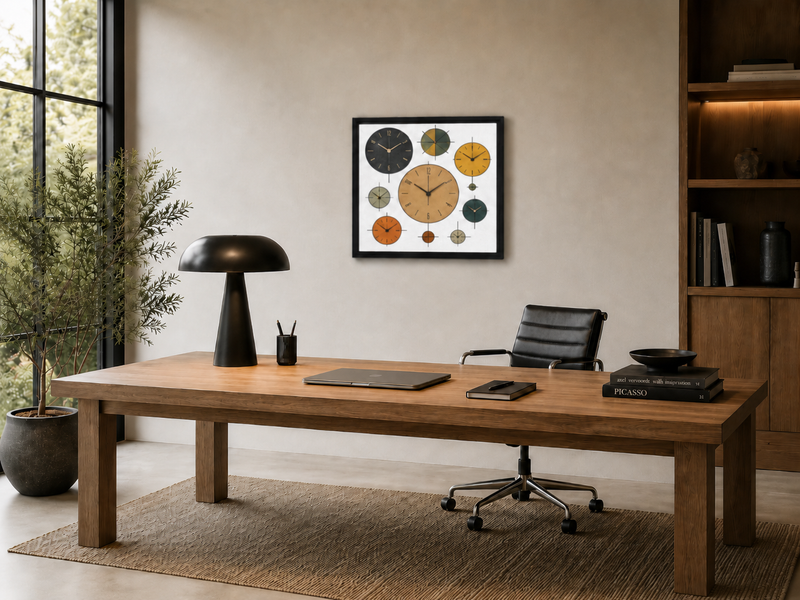 Modern office setup with wooden desk, chair, lamp, and decorative wall clock.