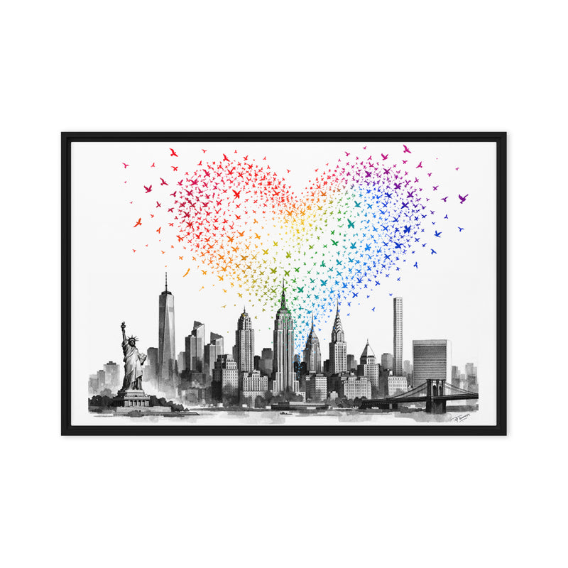 Framed artwork of a city skyline with colorful butterfly effect on a white background