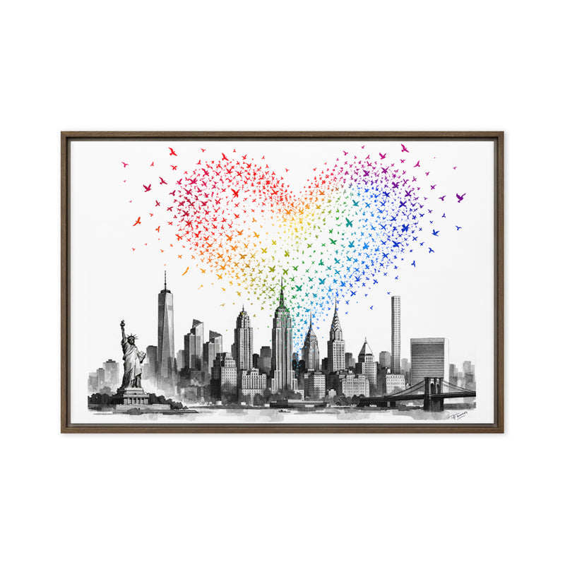 Framed artwork of a city skyline with colorful butterfly effect on a white background