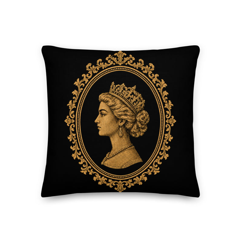 Decorative pillow with a gold portrait of a woman wearing a crown on a black background