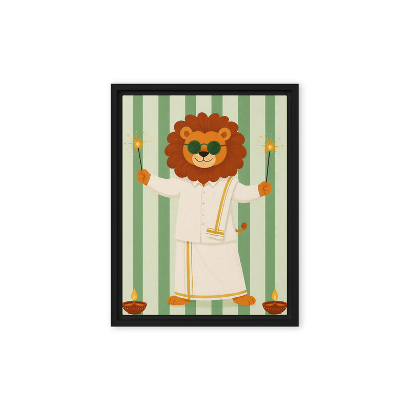 Cute lion in a festive white outfit holding sparklers on a green striped background framed canvas for nursery decor