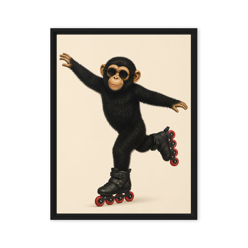Framed artwork of a monkey rollerblading on a beige background