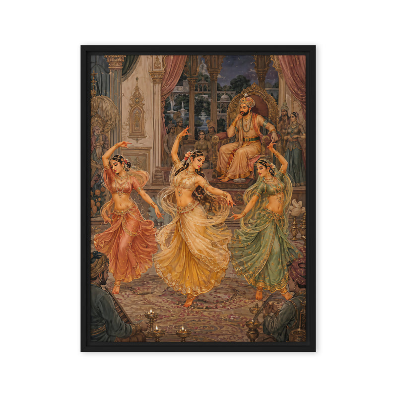 Framed artwork of three dancers in colorful costumes with a man in traditional attire in the background.