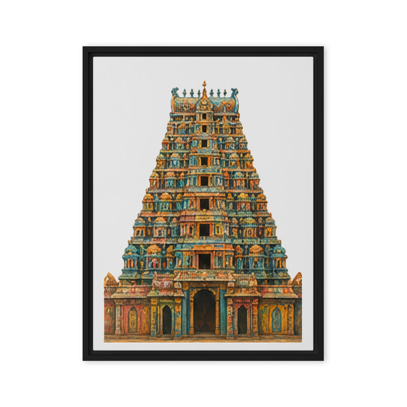 Framed artwork of a colorful temple structure on a white background