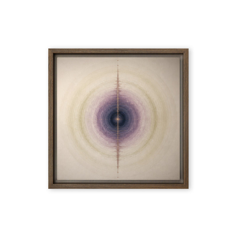 Framed abstract art with concentric circles and a central purple circle on a beige background