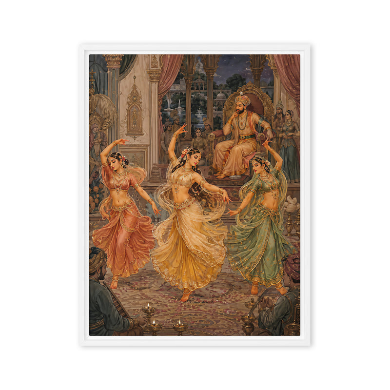 Framed artwork of three dancers in colorful costumes with a seated figure in the background.