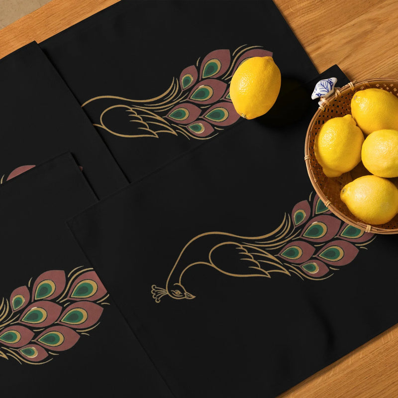 Royal Peacock Heritage placemat set of 4 with gold-outlined peacock on black polyester
