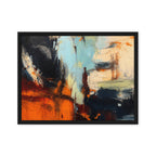 Abstract painting with orange, blue, and black colors in a black frame.
