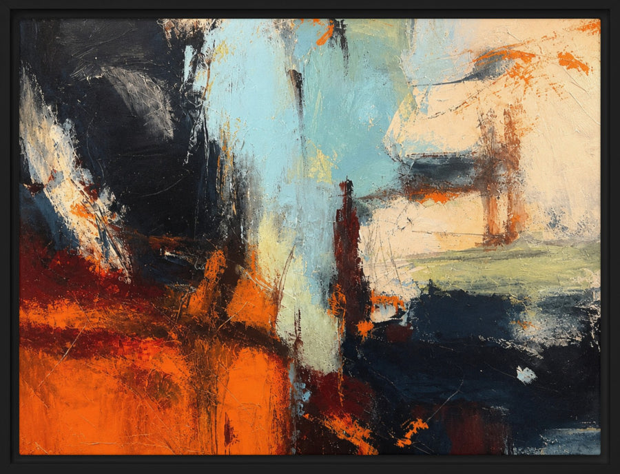 Ember Drift - Orange Blue Abstract Framed Canvas Wall Art – 9" × 12"