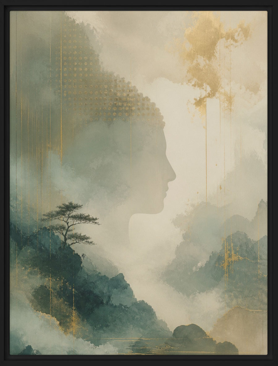 Misty Mountain Buddha Framed Canvas Wall Art – 9" × 12"