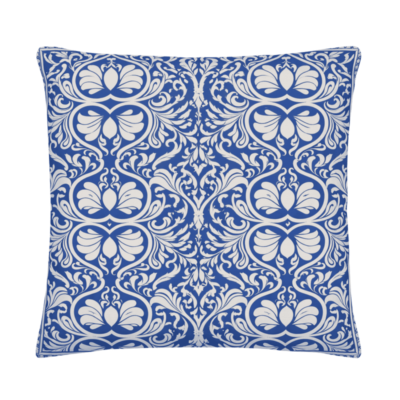 Decorative pillow with blue and white pattern on a transparent background