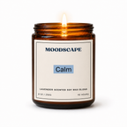 Moodscape 'Calm' lavender scented soy wax blend candle in an amber jar on a white background