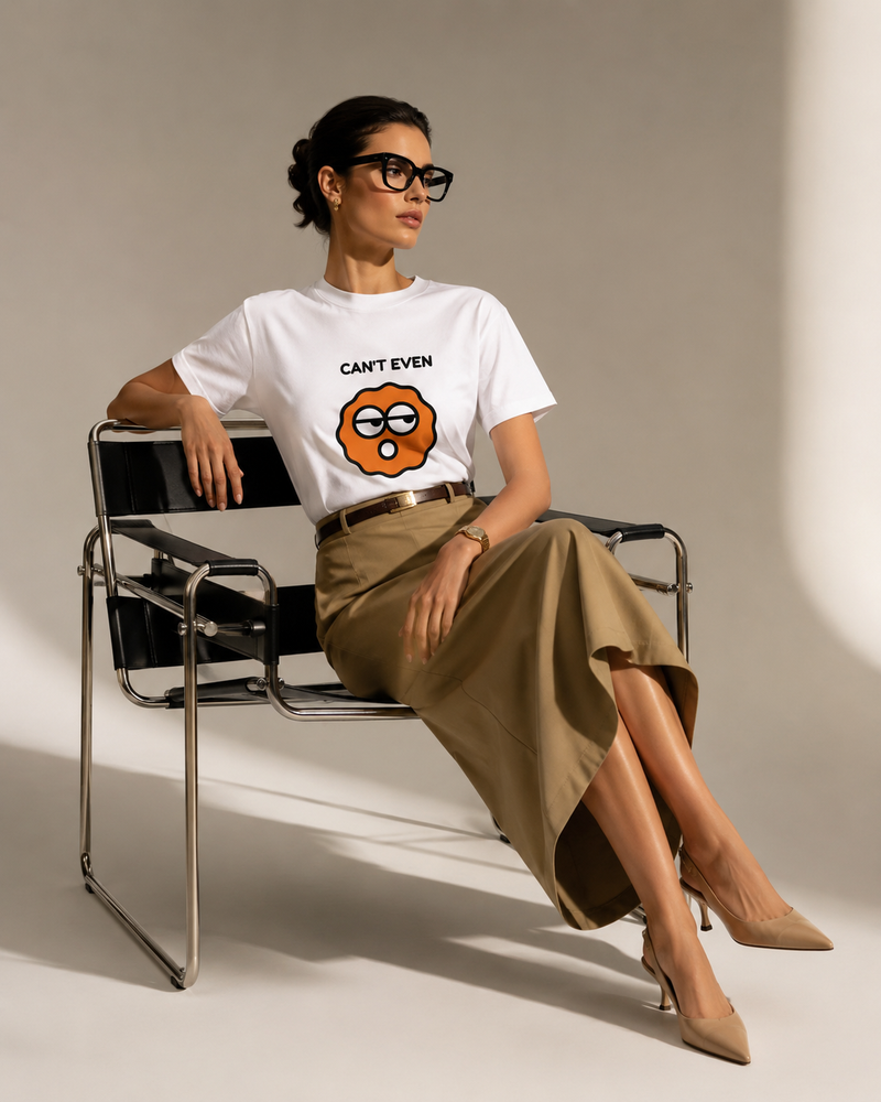 Woman sitting on a chair wearing a white t-shirt with a graphic design and text.