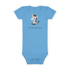 A light blue short-sleeve baby bodysuit with a cartoon zebra graphic and the placeholder text 'Your text goes here' printed on the chest, shown against a plain white background.