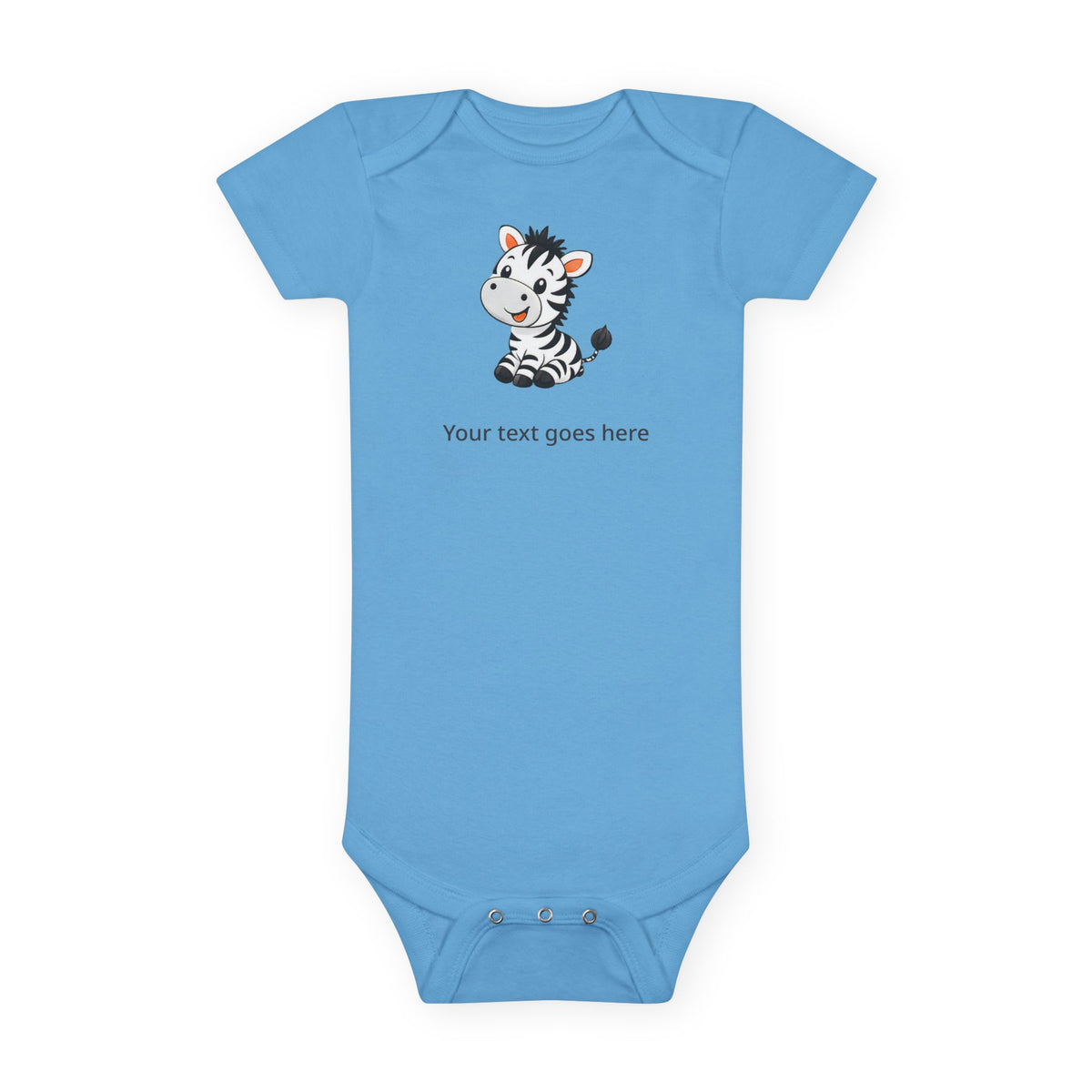 A light blue short-sleeve baby bodysuit with a cartoon zebra graphic and the placeholder text 'Your text goes here' printed on the chest, shown against a plain white background.