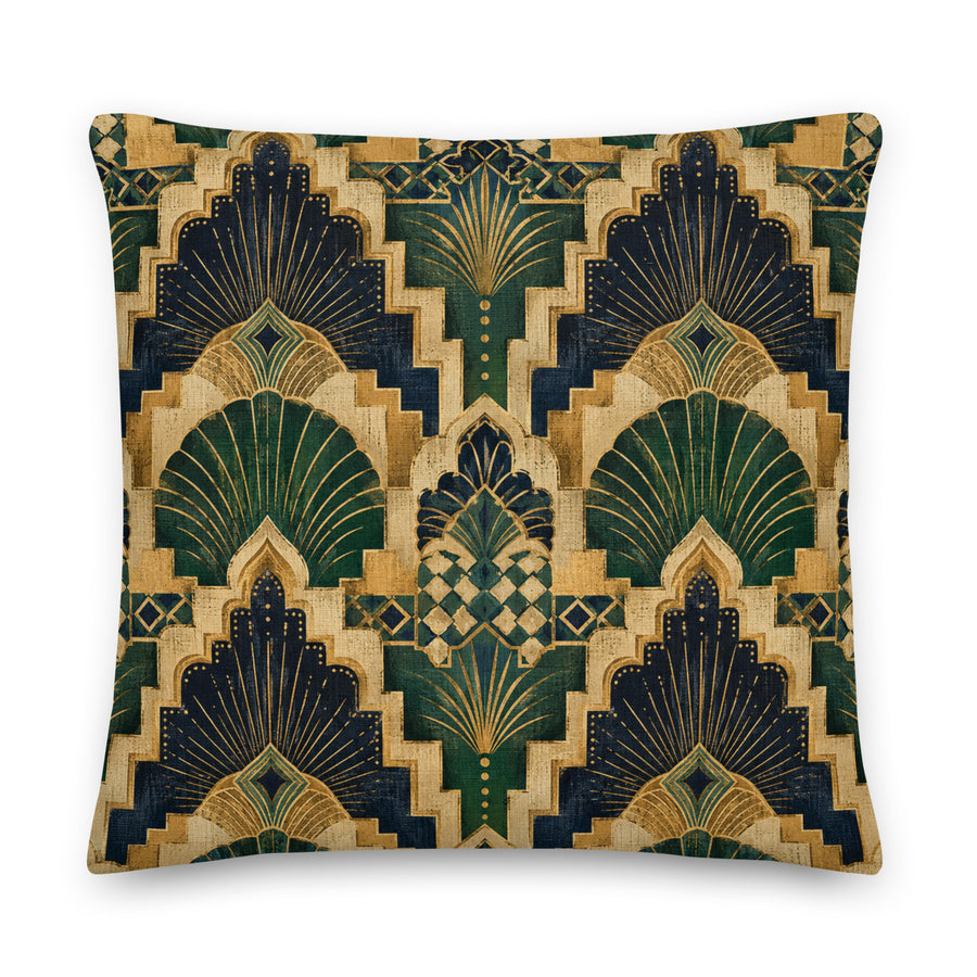 Decorative pillow with geometric pattern in green, gold, and black on a white background