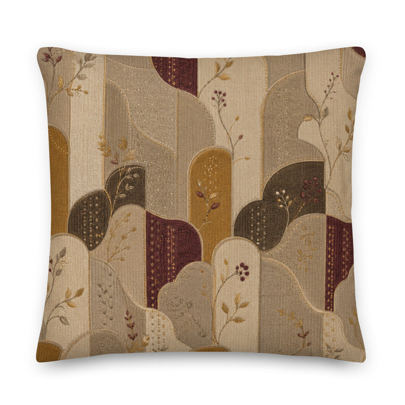 Decorative pillow with a pattern of abstract shapes and leaves on a beige background