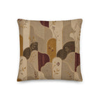 Decorative pillow with a pattern of abstract shapes and leaves on a beige background