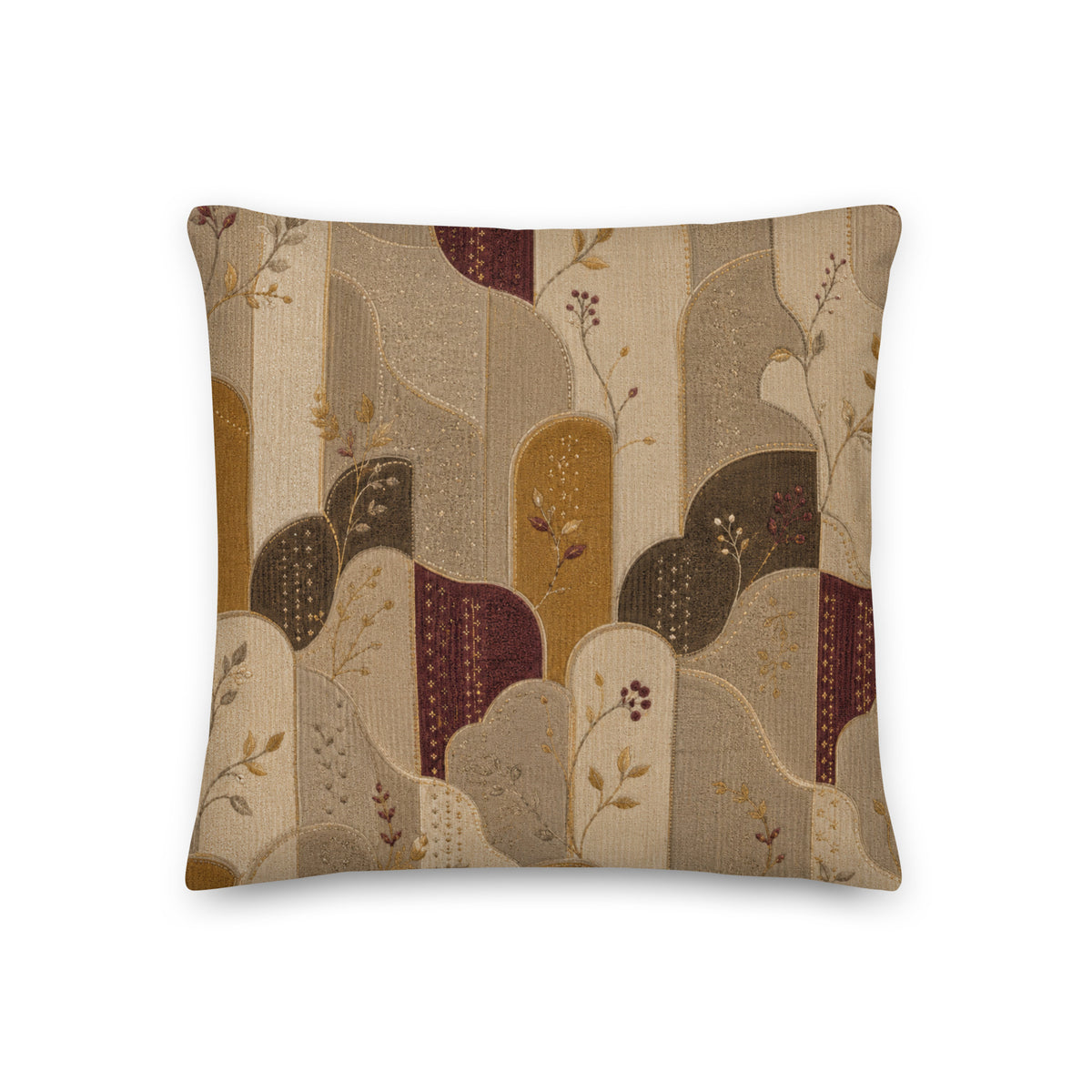 Decorative pillow with a pattern of abstract shapes and leaves on a beige background
