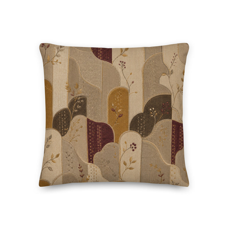 Decorative pillow with a pattern of abstract shapes and leaves on a beige background