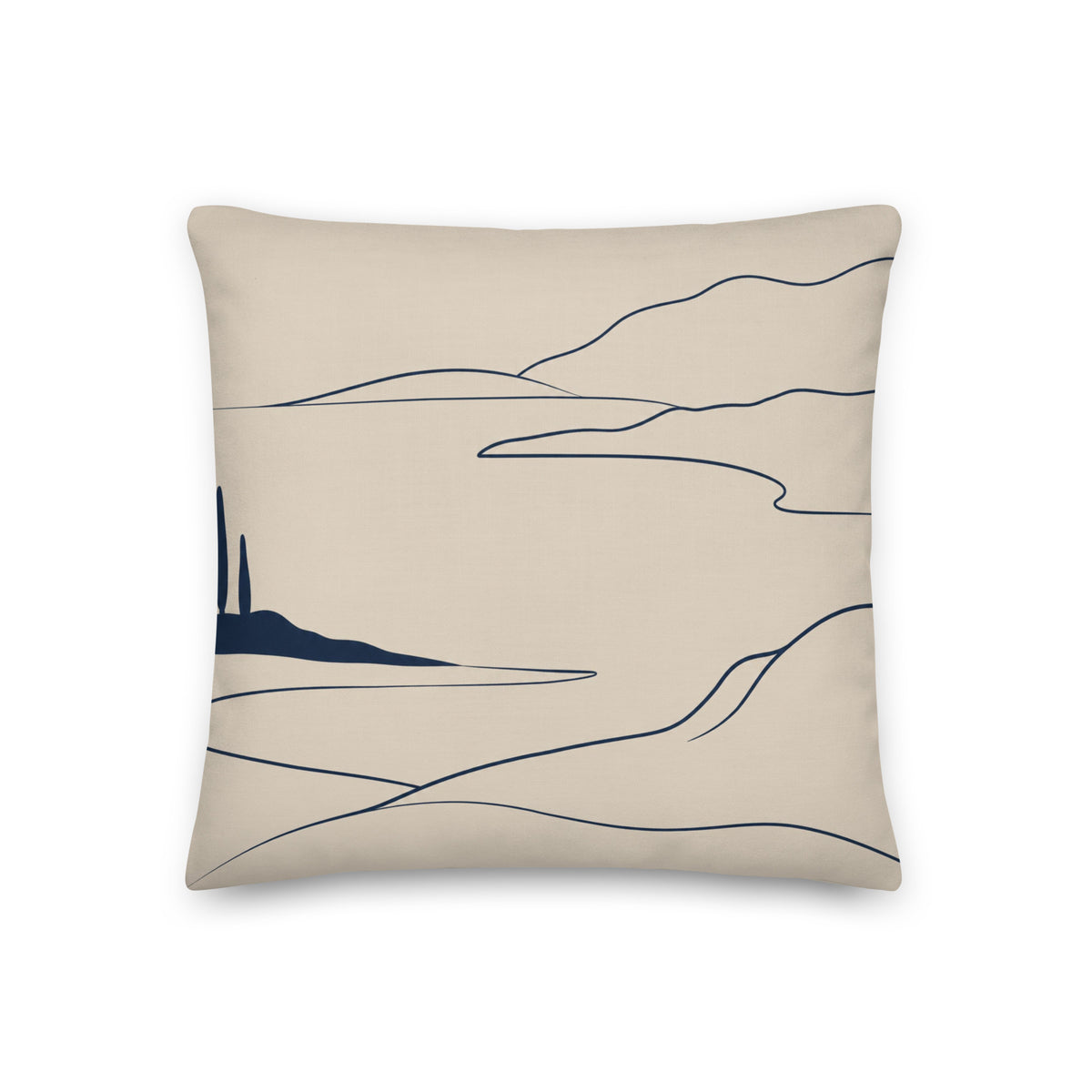 Beige pillow with abstract black line art on a white background