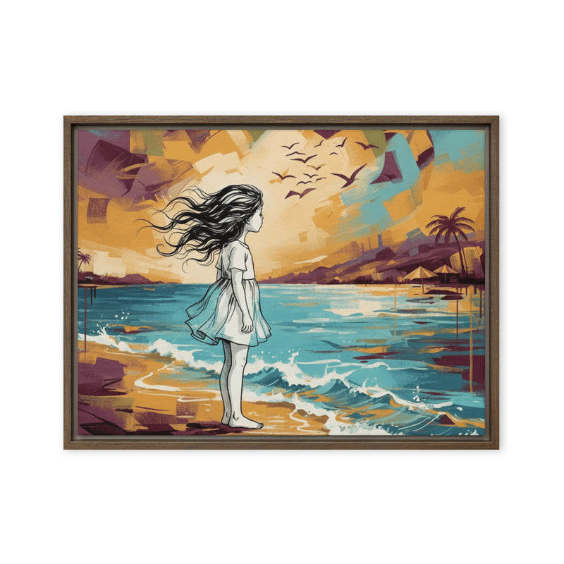 Framed artwork of a woman standing on a beach with a colorful sunset background.