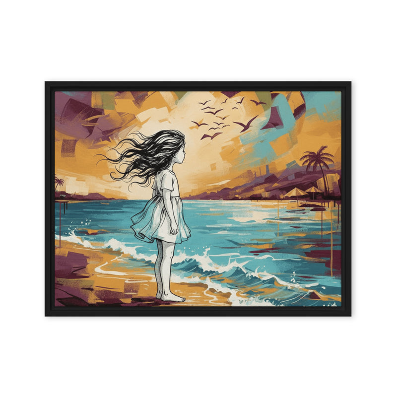 Framed artwork of a woman standing on a beach with a colorful sunset background.