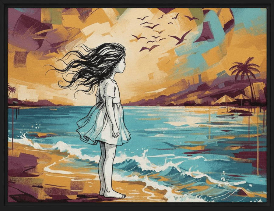 Girl by the Blue Shore Framed Canvas Wall Art – 9" × 12"