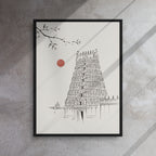 Framed artwork of a temple illustration on a textured wall.