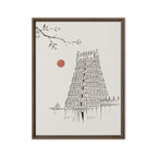 Framed artwork of a temple design with a red circle and branch on a white background