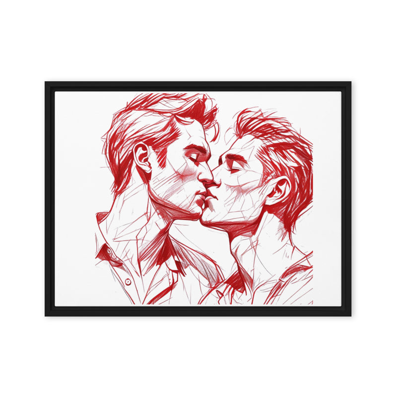 Framed artwork of two people kissing in red on a white background