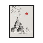 Framed artwork of a temple with a red sun and branches on a white background