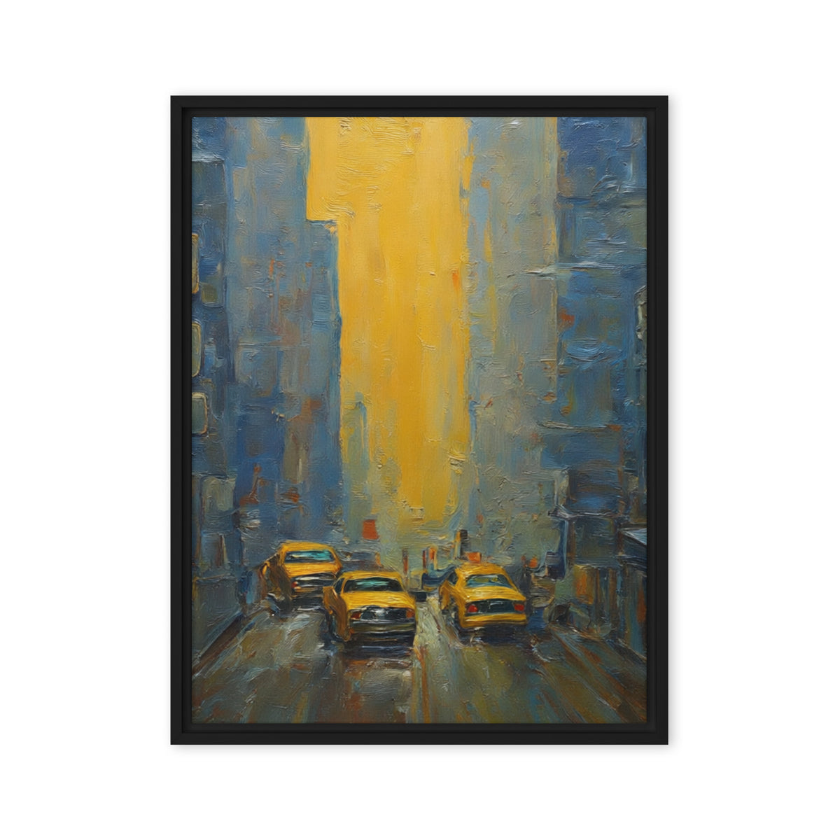 Framed painting of yellow taxis on a city street with a bright light in the background.