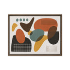 Abstract art print with geometric shapes in brown, green, and yellow on a white background