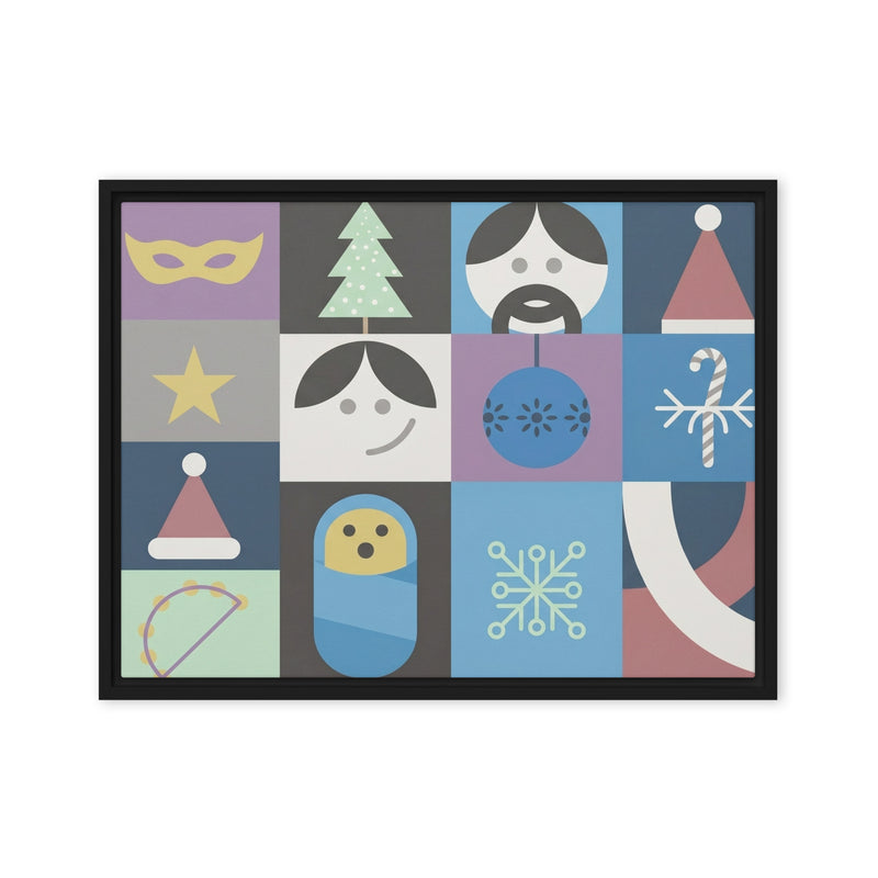 Framed artwork with geometric shapes and patterns on a white background