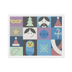 Framed artwork with colorful geometric shapes and patterns on a white background