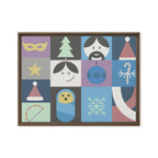 Framed artwork with colorful geometric shapes and patterns on a white background