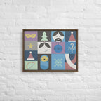 Framed abstract art piece on a white brick wall