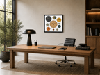 Modern office setup with wooden desk, chair, lamp, and decorative wall clock.