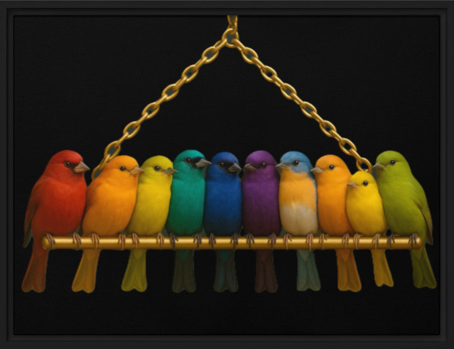 Rainbow Birds on a Perch – Framed Canvas Wall Art – 9" × 12"
