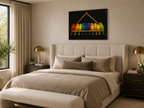 Neatly made bed in a bedroom with a colorful painting above it.
