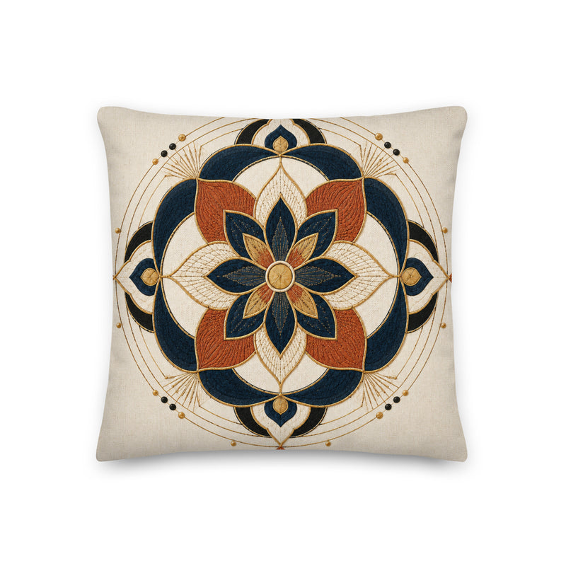 Decorative pillow with geometric floral pattern on a beige background