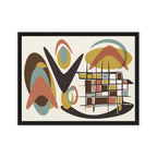 Mid-century abstract framed canvas wall art with teal, mustard, rust, brown, cream, and black geometric shapes.