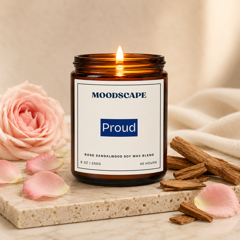 Moodscape candle labeled 'Proud' with a rose and cinnamon sticks on a neutral background
