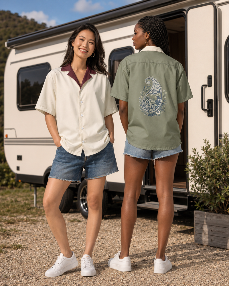 Sage Paisley Retro Camp Collar - Unisex Button-Up Shirt