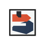 Retro geometric framed canvas wall art in navy, orange, black, and white