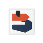 Framed abstract art with geometric shapes in orange, black, and blue on a white background