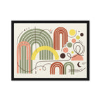 Framed abstract art print with colorful geometric shapes on a beige background