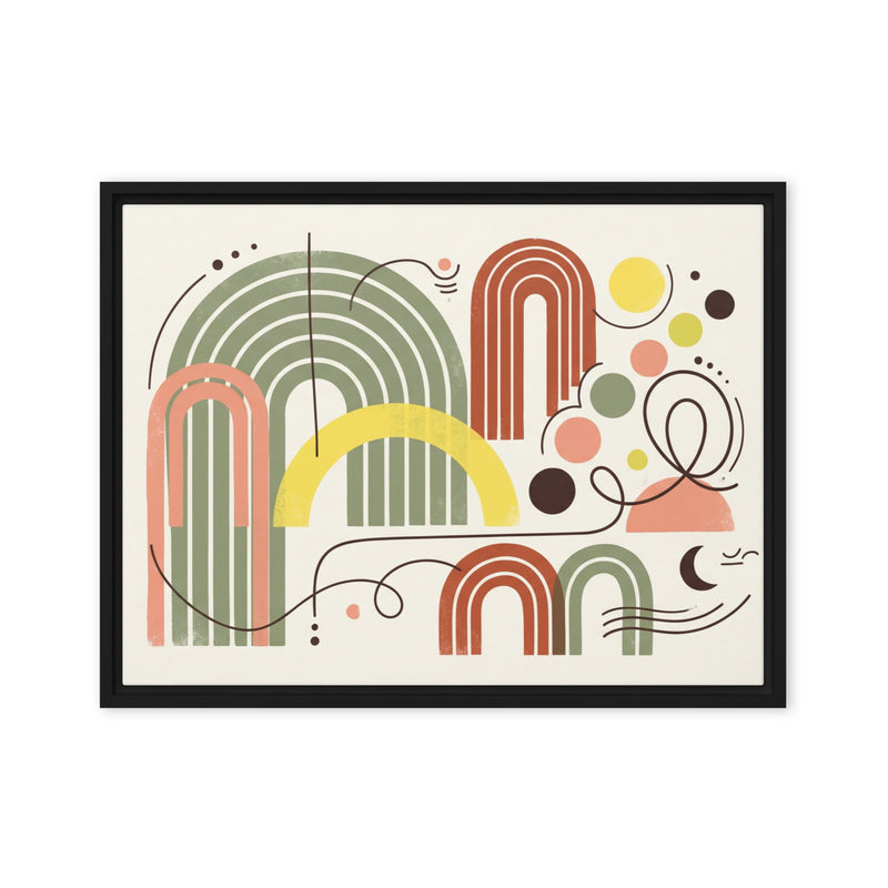 Framed abstract art print with colorful geometric shapes on a beige background